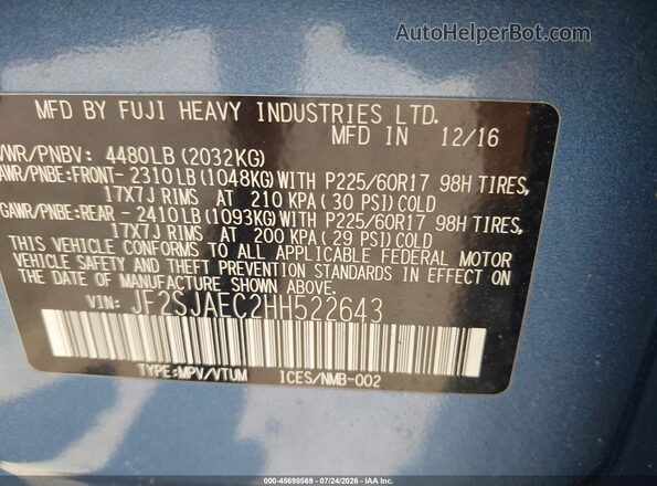 JF2SJAEC2HH522643 2017 SUBARU FORESTER Синий Вид подкапотного пространства