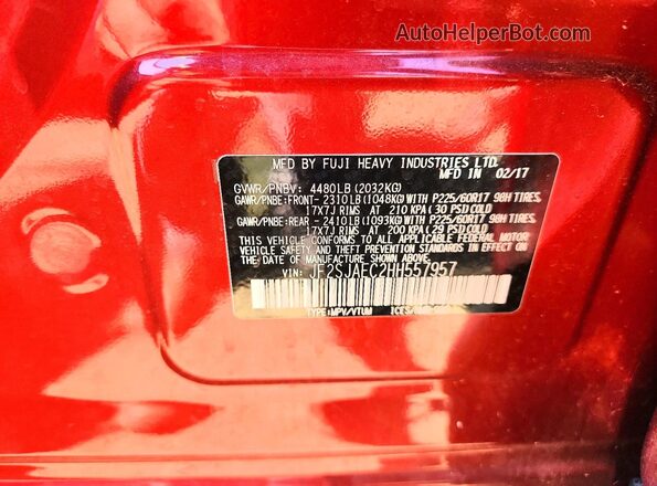 JF2SJAEC2HH557957 2017 SUBARU FORESTER Red Vista de la etiqueta del VIN
