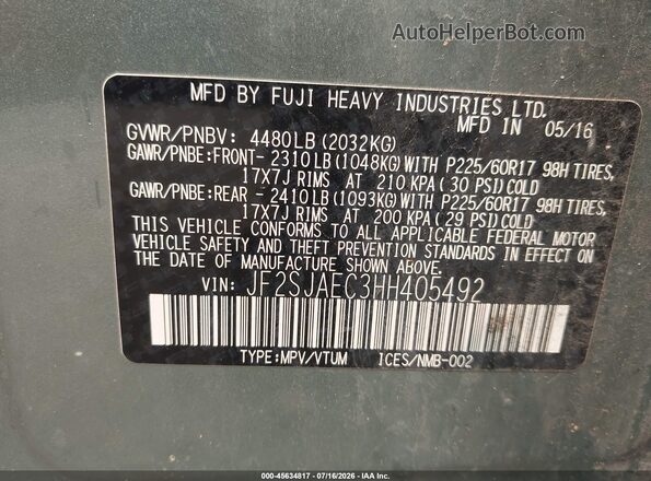 JF2SJAEC3HH405492 2017 SUBARU FORESTER Зеленый Вид подкапотного пространства