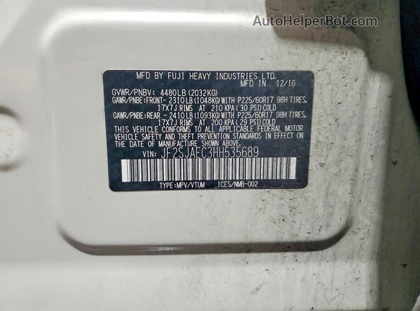 JF2SJAEC3HH535689 2017 SUBARU FORESTER White Vista de la etiqueta del VIN