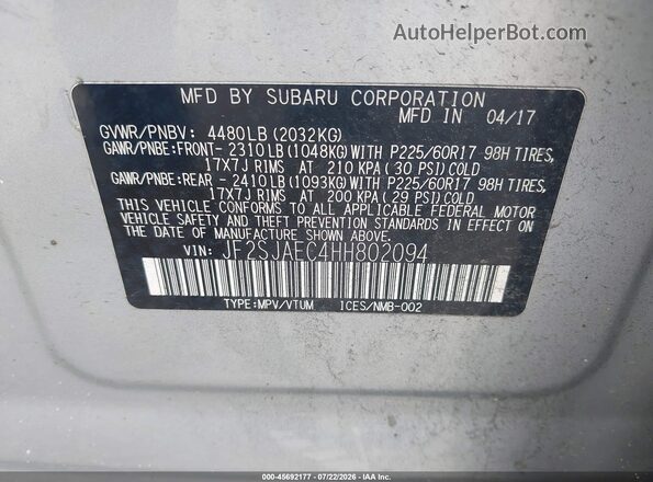 JF2SJAEC4HH802094 2017 SUBARU FORESTER Серебряный Вид подкапотного пространства