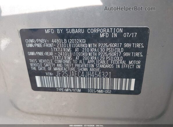 JF2SJAEC4JH454321 2018 SUBARU FORESTER Silver Vista del compartimento del motor