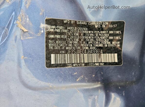 JF2SJAEC4JH493684 2018 SUBARU FORESTER Blue Widok naklejki z numerem VIN