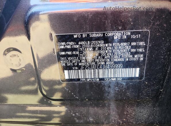 JF2SJAEC4JH499999 2018 SUBARU FORESTER Синий Вид наклейки с VIN-кодом