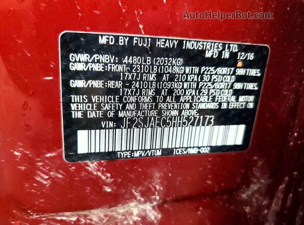 JF2SJAEC5HH527173 2017 SUBARU FORESTER Red Widok naklejki z numerem VIN