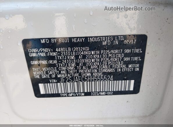 JF2SJAEC5HH555524 2017 SUBARU FORESTER White ძრავის განყოფილების ხედი