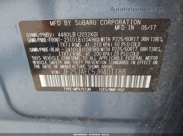 JF2SJAEC5JH401188 2018 SUBARU FORESTER Blue Вид підкапотного простору