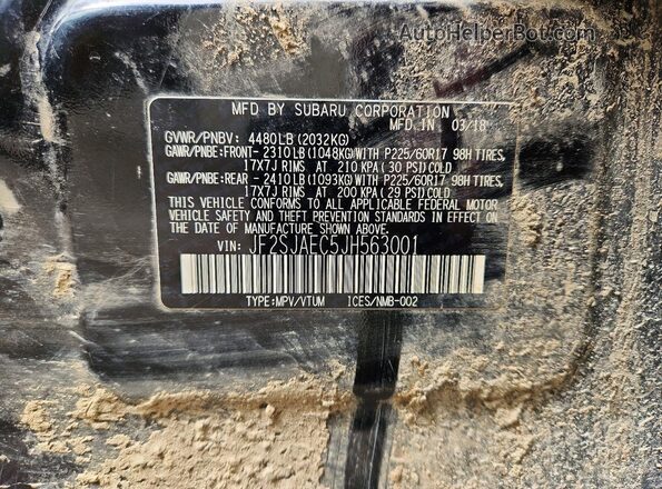 JF2SJAEC5JH563001 2018 SUBARU FORESTER Black VIN sticker view