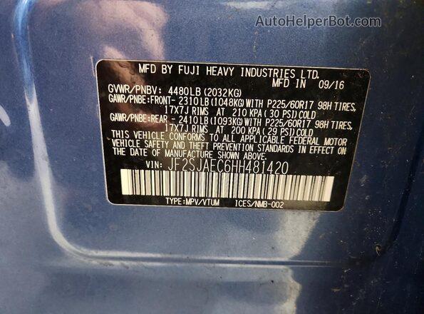 JF2SJAEC6HH481420 2017 SUBARU FORESTER Blue Widok naklejki z numerem VIN