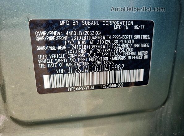 JF2SJAEC6JH416962 2018 SUBARU FORESTER Green Vista interior de 360 grados