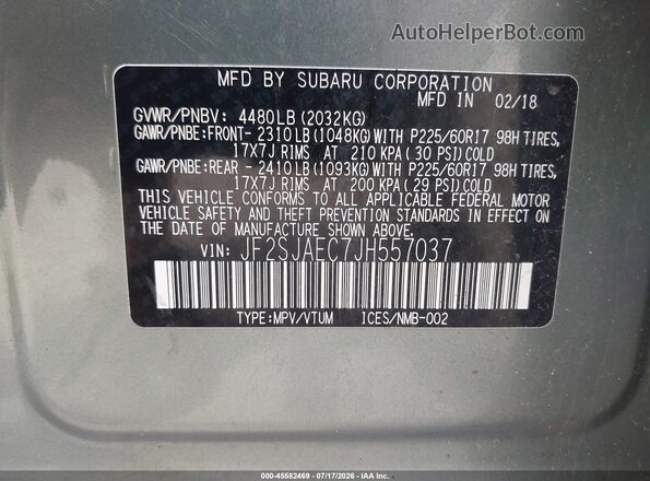 JF2SJAEC7JH557037 2018 SUBARU FORESTER Green Вид підкапотного простору