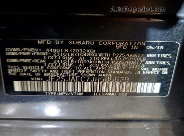 JF2SJAEC7JH585629 2018 SUBARU FORESTER Blue 360 interior view