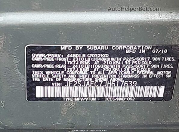 JF2SJAEC7JH617639 2018 SUBARU FORESTER Green Widok komory silnika