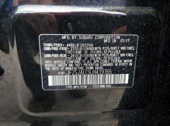 JF2SJAEC9JH439765 2018 SUBARU FORESTER Black VIN კოდის სტიკერის ხედი