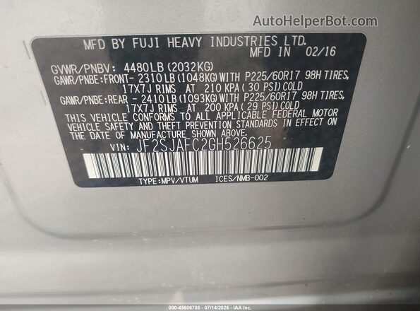 JF2SJAFC2GH526625 2016 SUBARU FORESTER Серый Вид подкапотного пространства