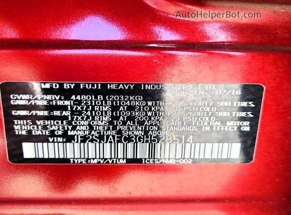 JF2SJAFC3GH528514 2016 SUBARU FORESTER Burgundy 360 interior view