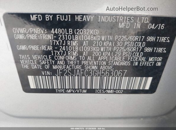 JF2SJAFC3GH563067 2016 SUBARU FORESTER Silver Widok komory silnika