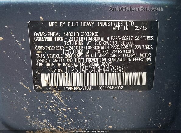 JF2SJAFC4GH447988 2016 SUBARU FORESTER Синий Вид подкапотного пространства