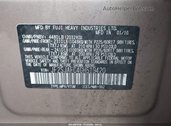 JF2SJAFC4GH519420 2016 SUBARU FORESTER Beige ძრავის განყოფილების ხედი