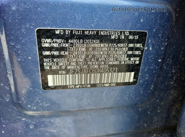 JF2SJAFC6GH405323 2016 SUBARU FORESTER Blue Vista de la etiqueta del VIN