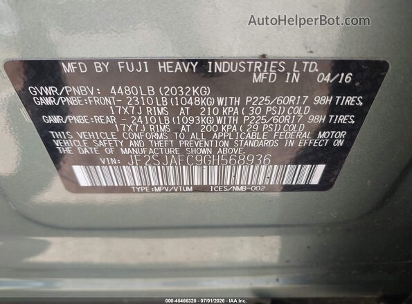 JF2SJAFC9GH568936 2016 SUBARU FORESTER Green Vista del compartimento del motor