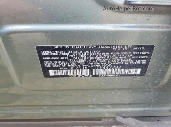 JF2SJAGC1GH442293 2016 SUBARU FORESTER Зеленый Вид наклейки с VIN-кодом