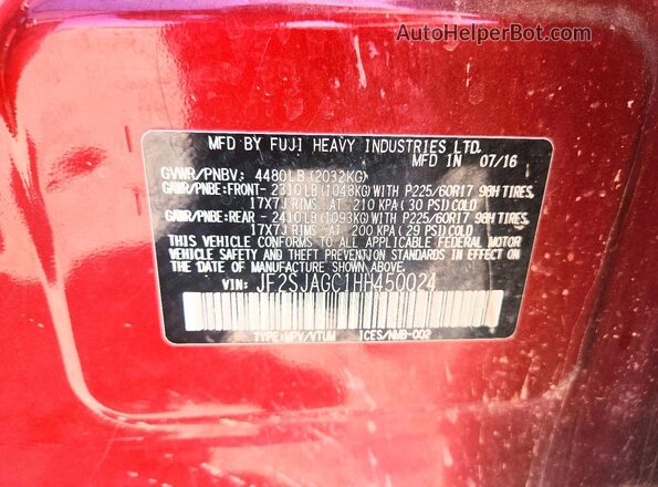 JF2SJAGC1HH450024 2017 SUBARU FORESTER Red Շարժիչի բաժամունքի տեսք