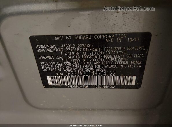 JF2SJAGC1JH504122 2018 SUBARU FORESTER Silver Engine compartment view