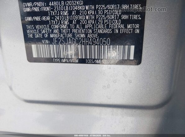 JF2SJAGC2HH494050 2017 SUBARU FORESTER Silver Engine compartment view