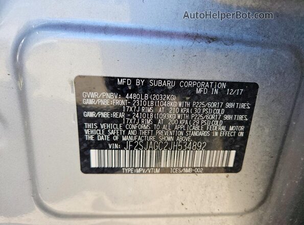 JF2SJAGC2JH534892 2018 SUBARU FORESTER Silver VIN კოდის სტიკერის ხედი