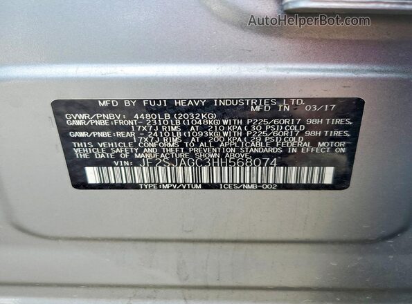 JF2SJAGC3HH568074 2017 SUBARU FORESTER Silver VIN კოდის სტიკერის ხედი