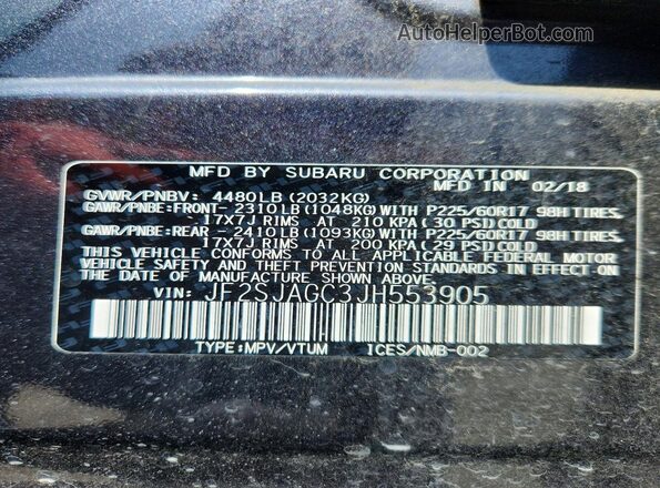 JF2SJAGC3JH553905 2018 SUBARU FORESTER Charcoal VIN sticker view