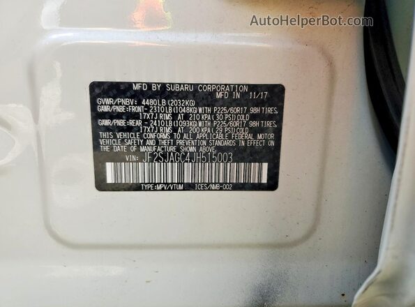 JF2SJAGC4JH515003 2018 SUBARU FORESTER White Вид наклейки з VIN-кодом