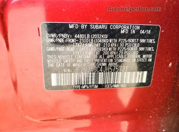 JF2SJAGC4JH575721 2018 SUBARU FORESTER Burgundy Вид наклейки з VIN-кодом