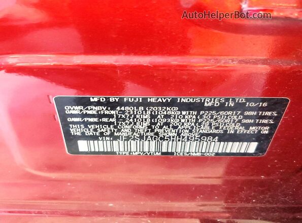 JF2SJAGC5HH495984 2017 SUBARU FORESTER Burgundy VIN կոդի պիտակի տեսք