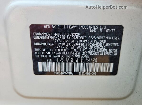 JF2SJAGC5HH579724 2017 SUBARU FORESTER White Vista de la etiqueta del VIN