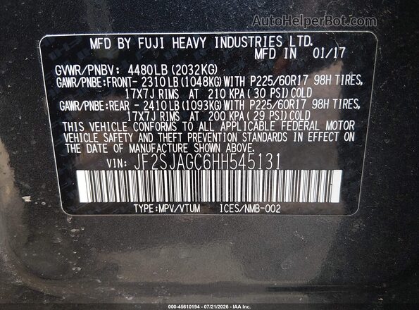 JF2SJAGC6HH545131 2017 SUBARU FORESTER Gray Widok komory silnika