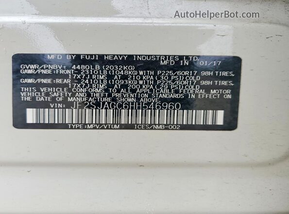 JF2SJAGC6HH546960 2017 SUBARU FORESTER White Widok wnętrza 360 stopni