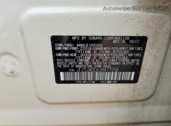 JF2SJAGC6JH477256 2018 SUBARU FORESTER Белый Вид наклейки с VIN-кодом