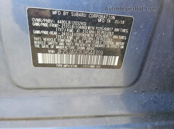 JF2SJAGC8JH544309 2018 SUBARU FORESTER Blue VIN կոդի պիտակի տեսք