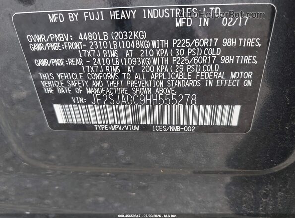 JF2SJAGC9HH555278 2017 SUBARU FORESTER Black Widok komory silnika