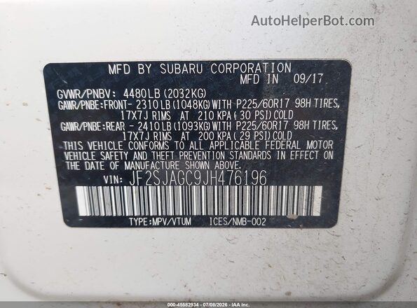 JF2SJAGC9JH476196 2018 SUBARU FORESTER White Vista del compartimento del motor