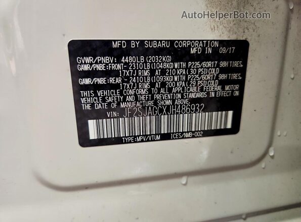 JF2SJAGCXJH486932 2018 SUBARU FORESTER White Вид наклейки з VIN-кодом