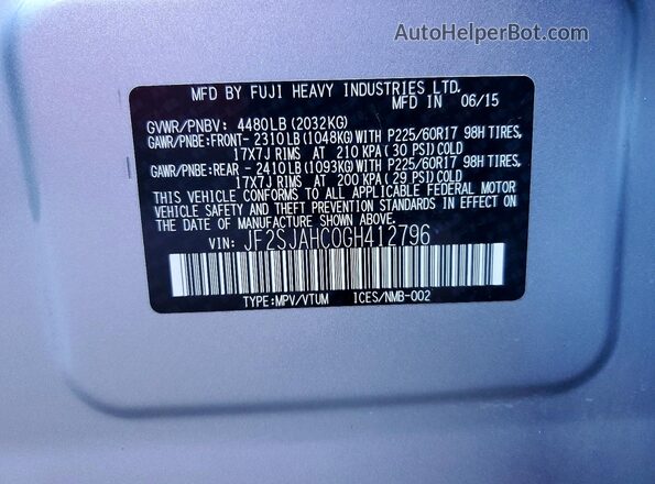 JF2SJAHC0GH412796 2016 SUBARU FORESTER Silver VIN კოდის სტიკერის ხედი
