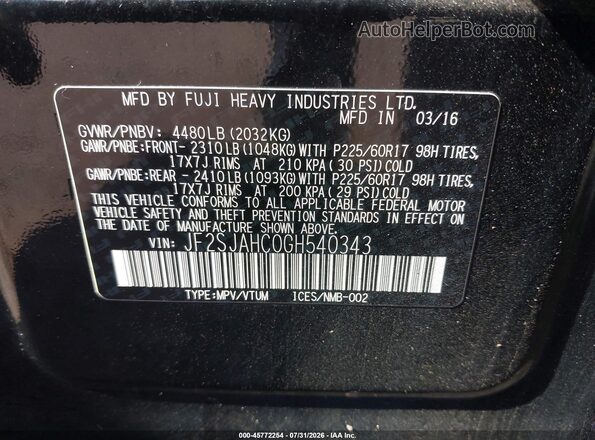 JF2SJAHC0GH540343 2016 SUBARU FORESTER Black Vista del compartimento del motor