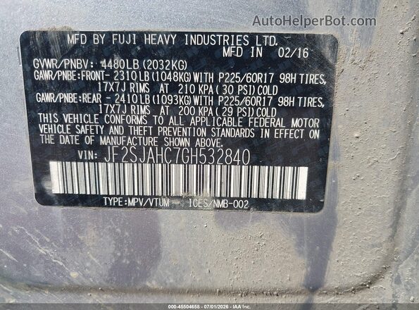 JF2SJAHC7GH532840 2016 SUBARU FORESTER Silver Вид підкапотного простору