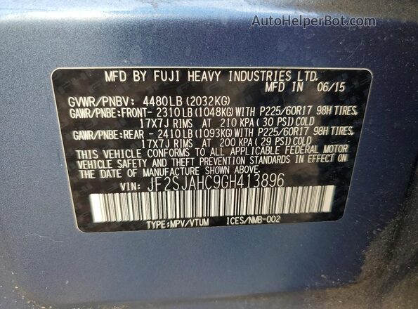 JF2SJAHC9GH413896 2016 SUBARU FORESTER Blue Widok naklejki z numerem VIN