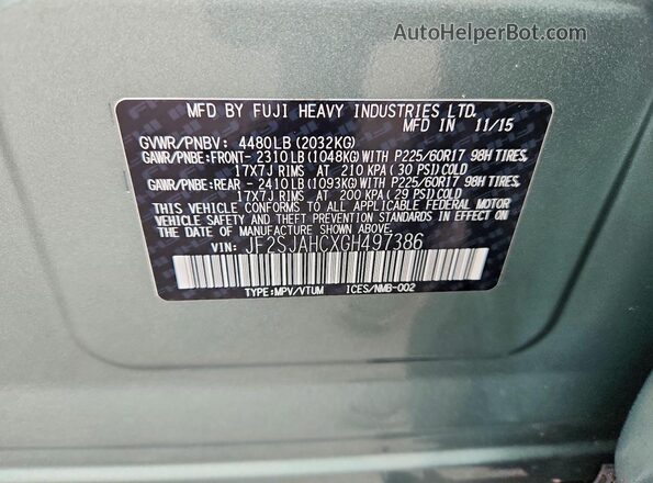 JF2SJAHCXGH497386 2016 SUBARU FORESTER Green VIN կոդի պիտակի տեսք