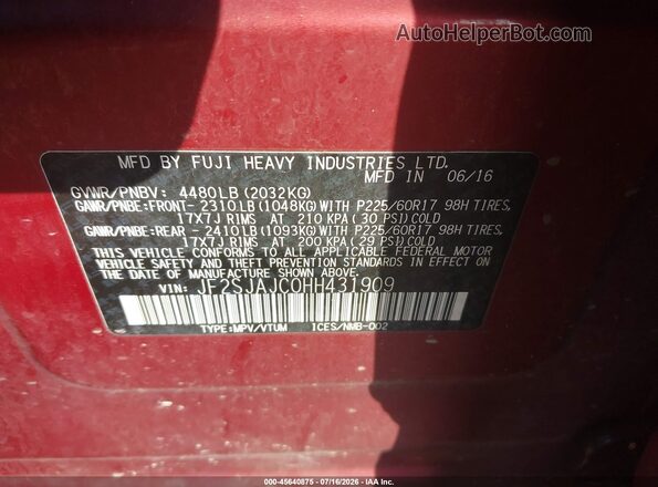 JF2SJAJC0HH431909 2017 SUBARU FORESTER Red Vista del compartimento del motor