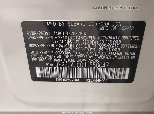 JF2SJAJC0JH550047 2018 SUBARU FORESTER White Engine compartment view